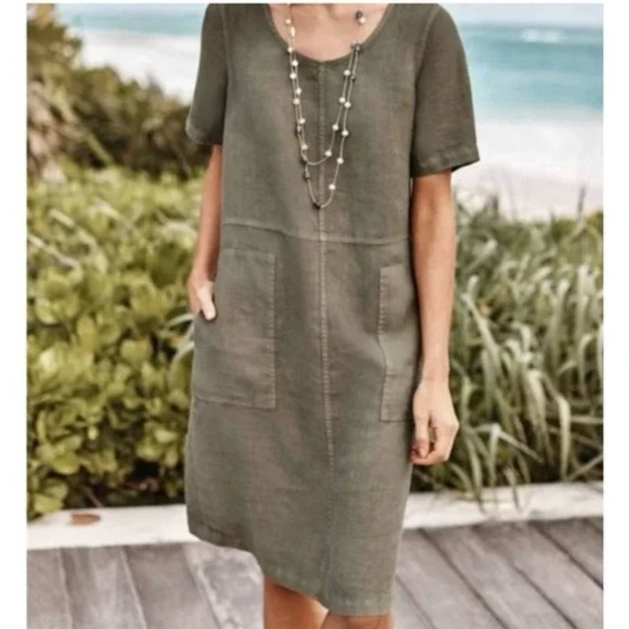 J. Jill Pure Jill Linen Garment Dyed Green  Shift Dress - Picture 1 of 8